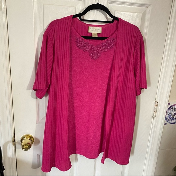 Capistrano Essentials 18/20W Fuchsia Pink Ribbed Sweater Knit Cardigan 2FER Top - Picture 7 of 12